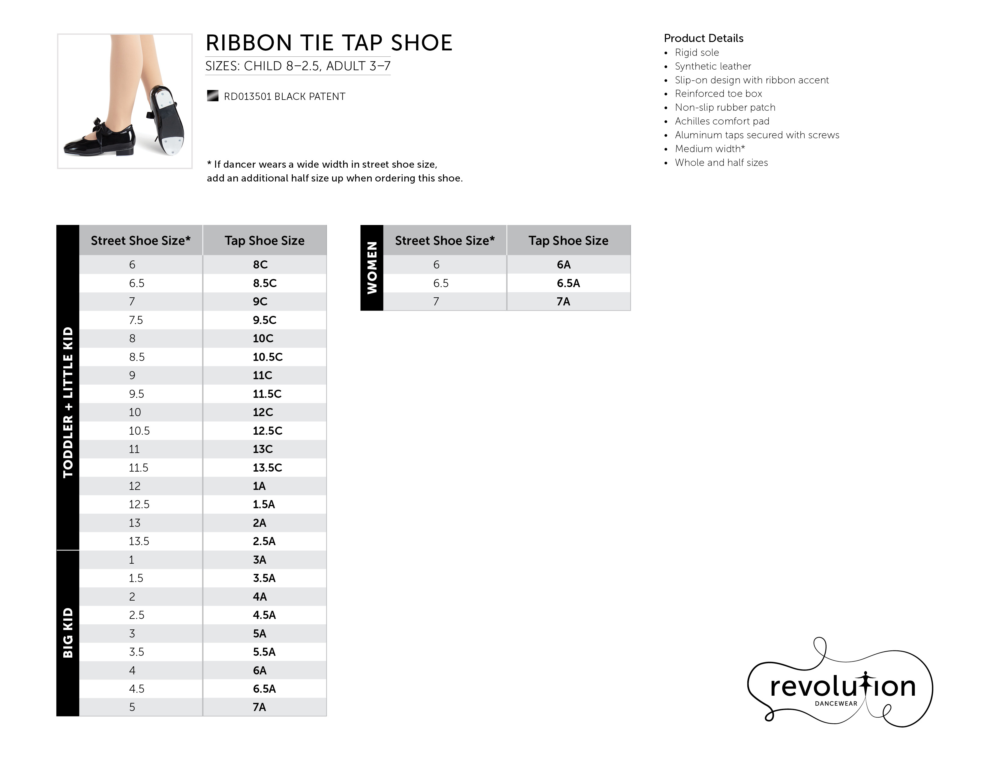 Ribbon Tie Tap Shoe size chart