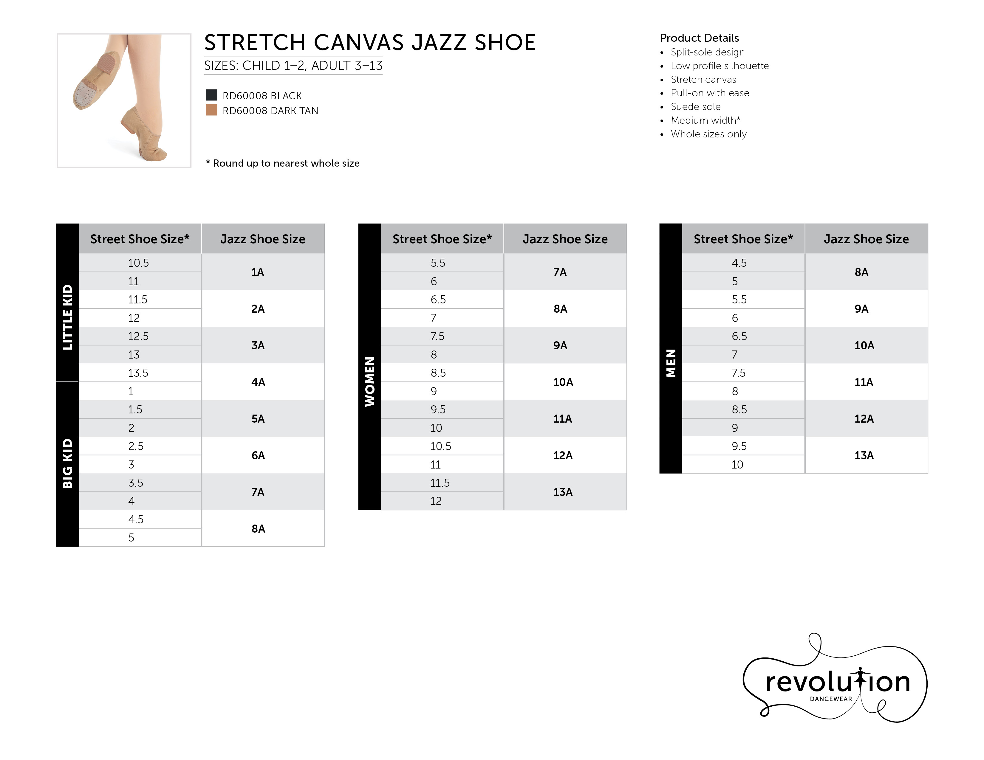 Stretch Canvas Jazz Shoe Sizing Kit size chart