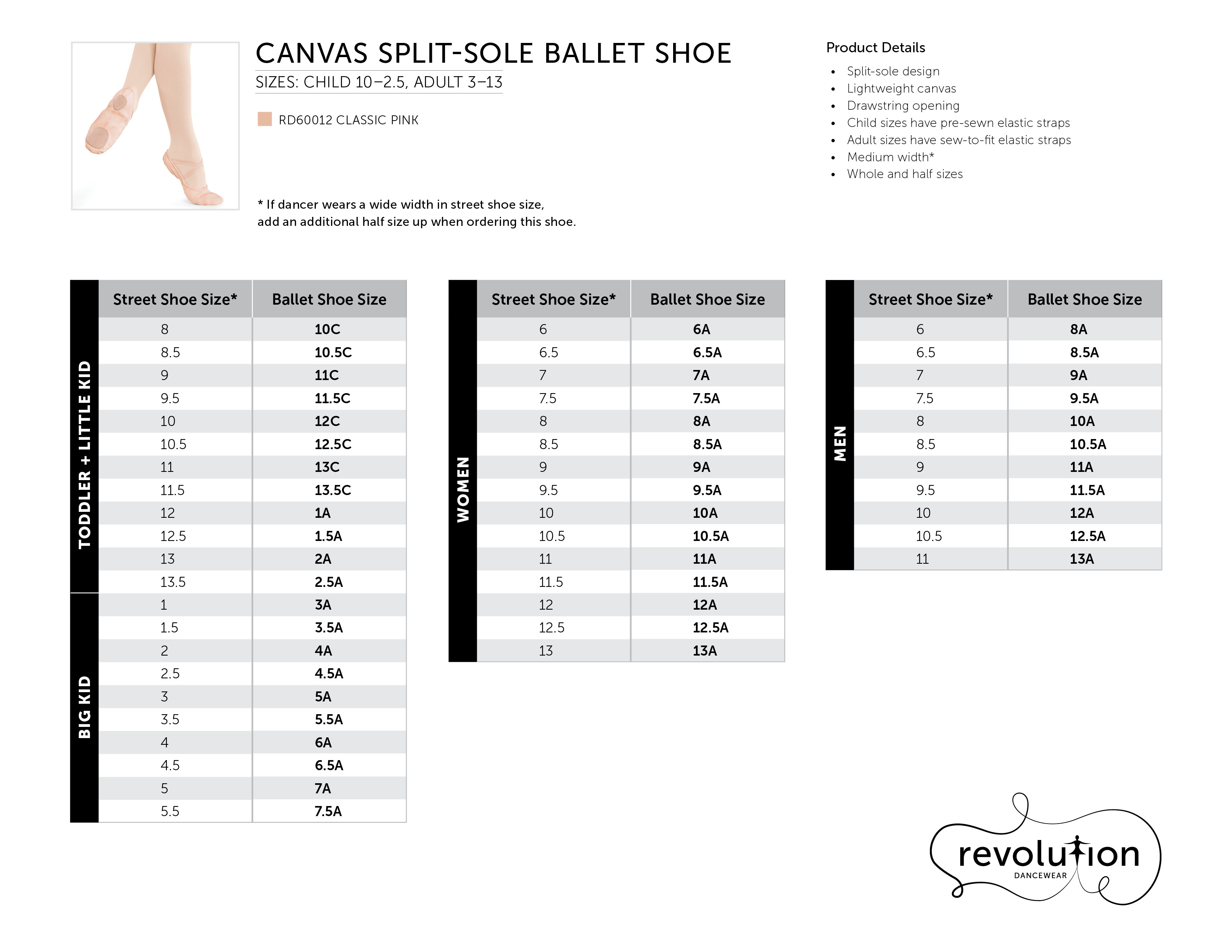 Canvas Split-Sole Ballet Shoe Sizing Kit size chart