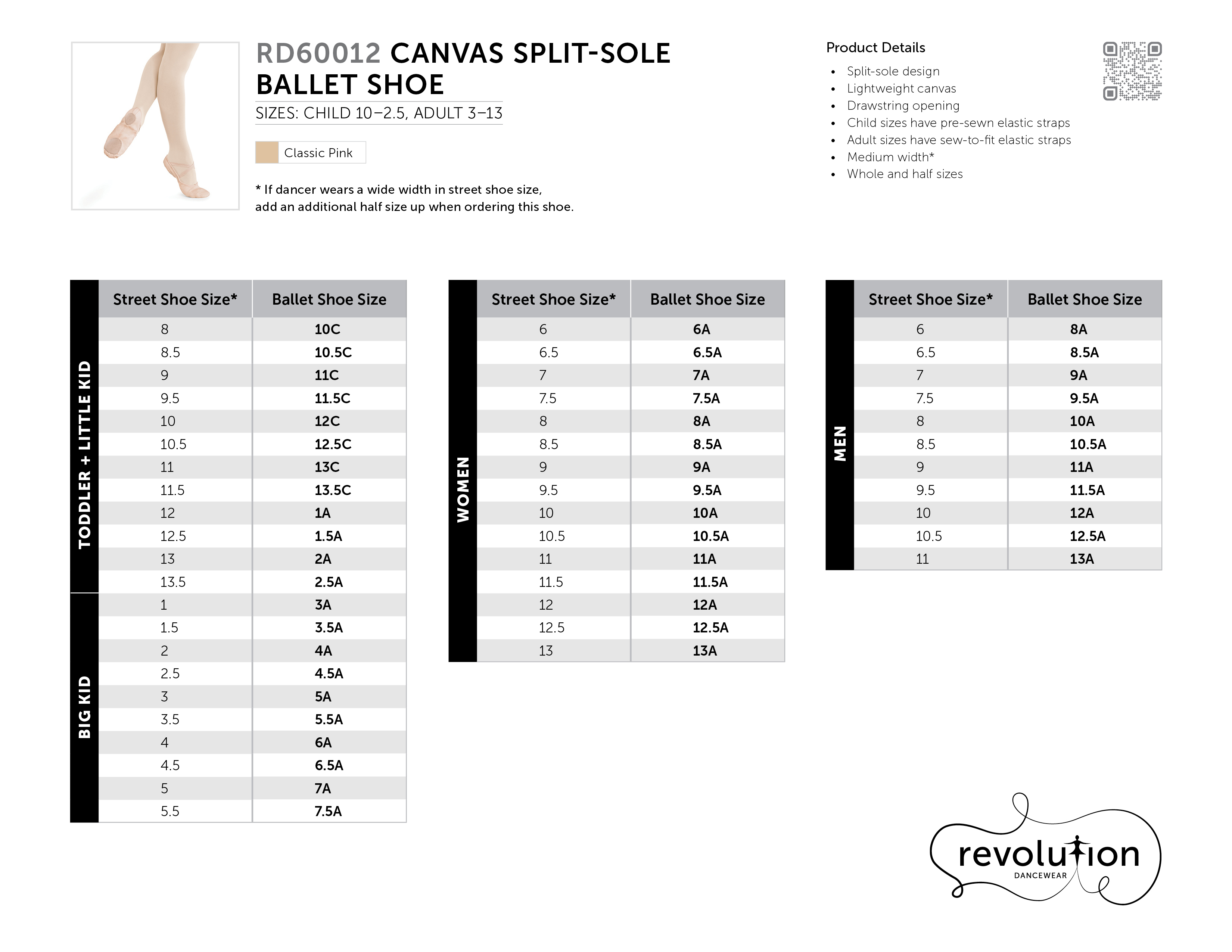 CANVAS SPLIT-SOLE BALLET SHOE size chart