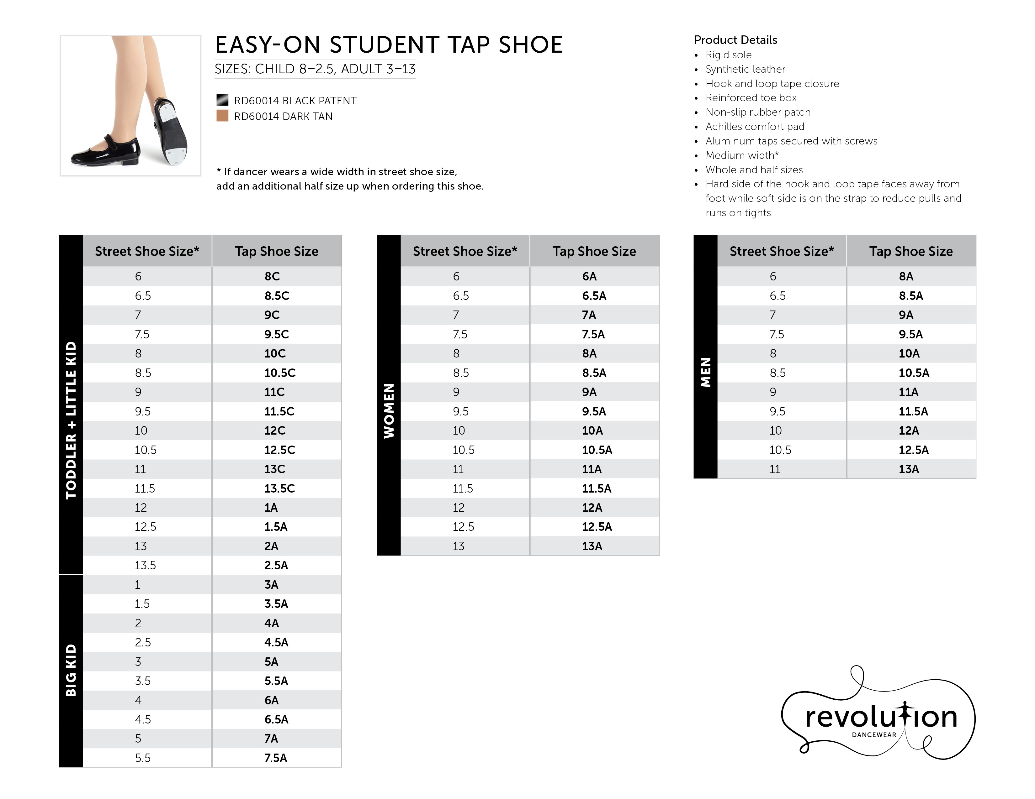 Easy-On Student Tap Shoe Sizing Kit size chart