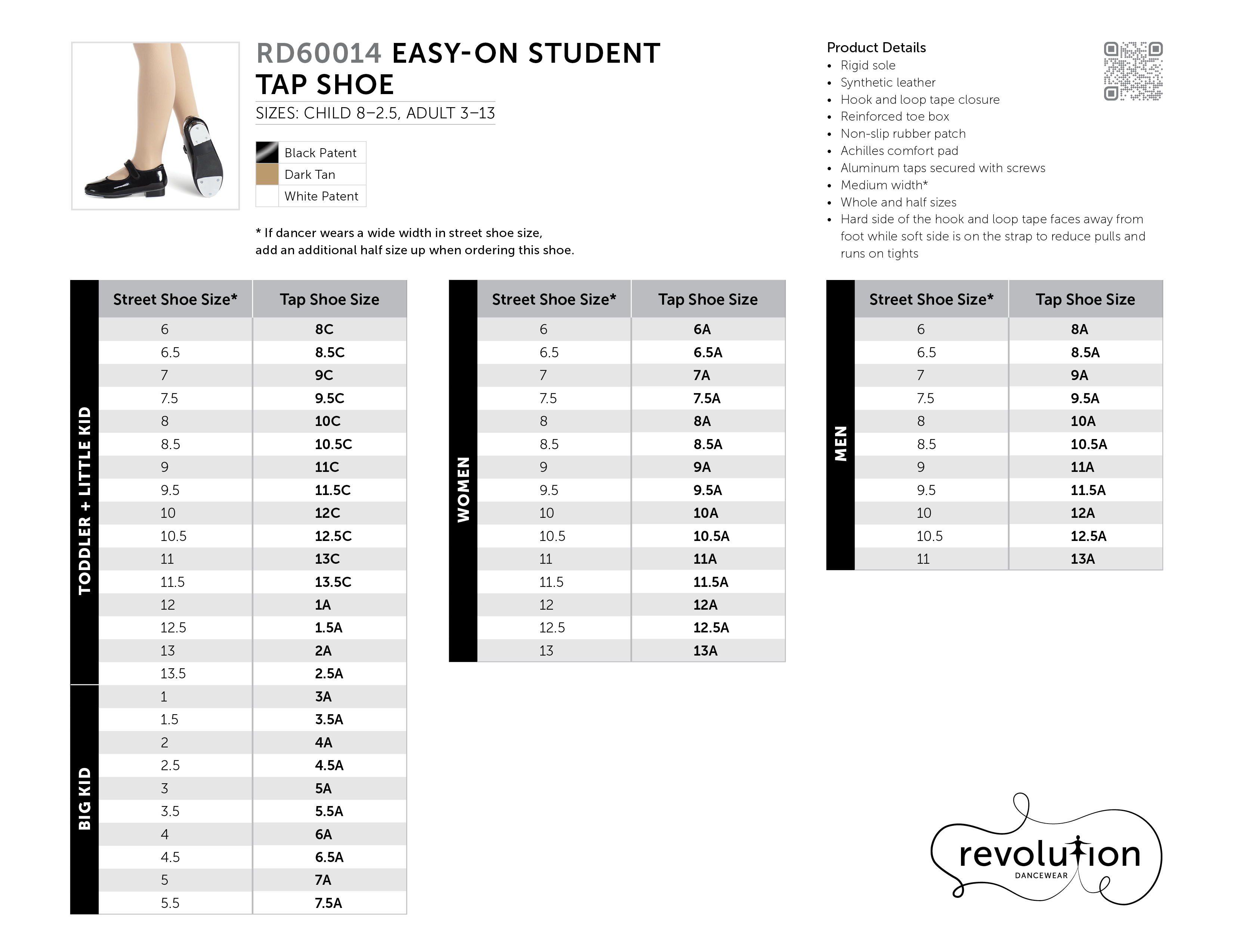 EASY-ON STUDENT TAP SHOE SIZING KIT size chart