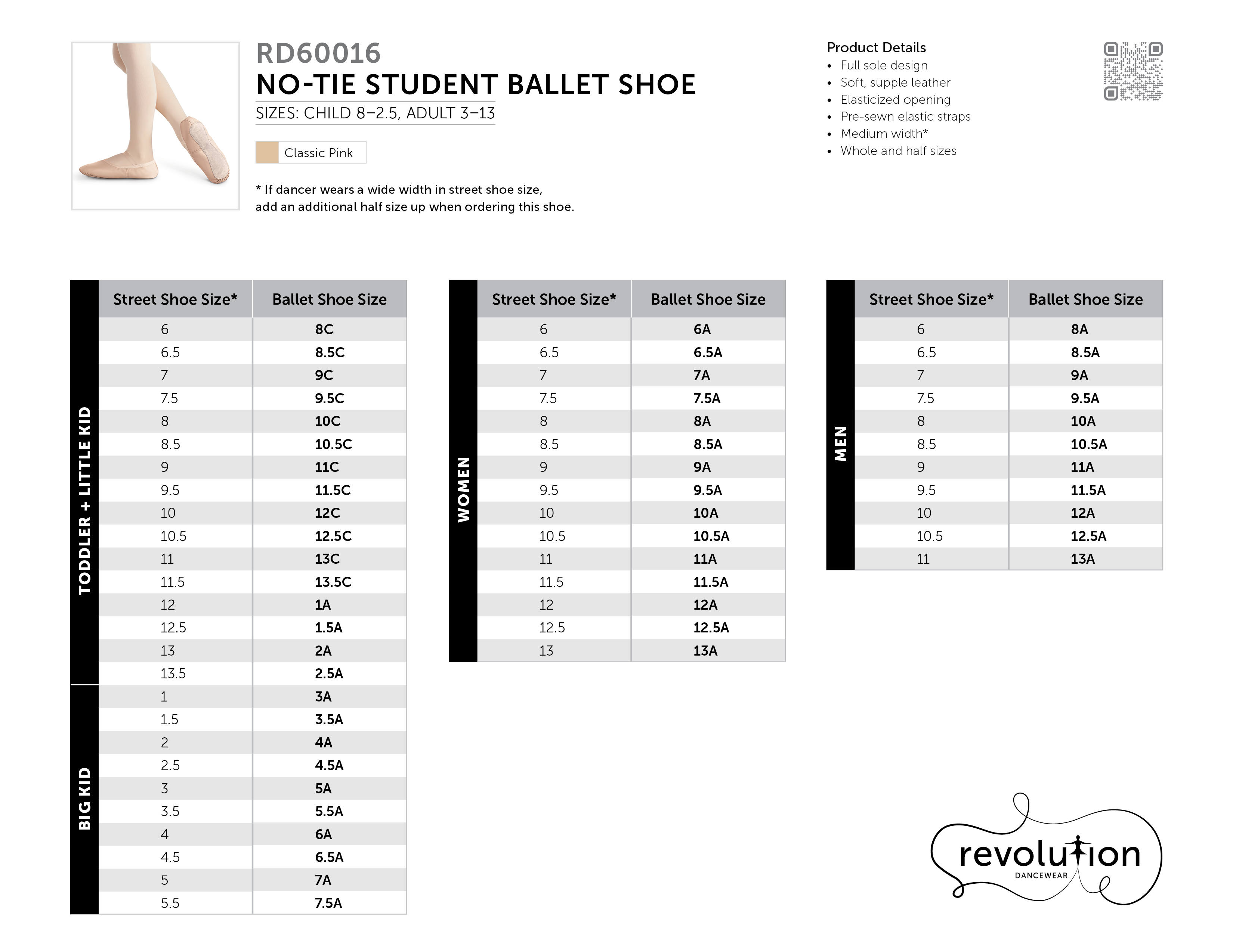 NO-TIE STUDENT BALLET SHOE size chart