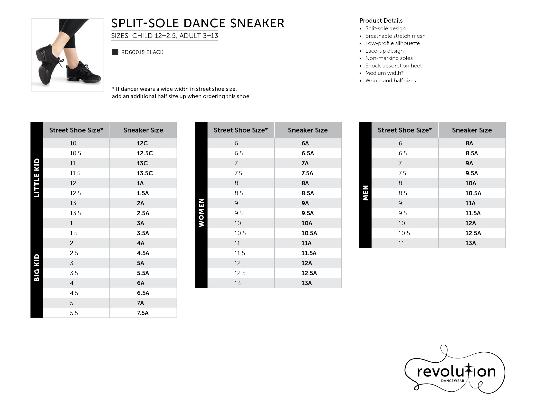 Split-Sole Dance Sneaker size chart