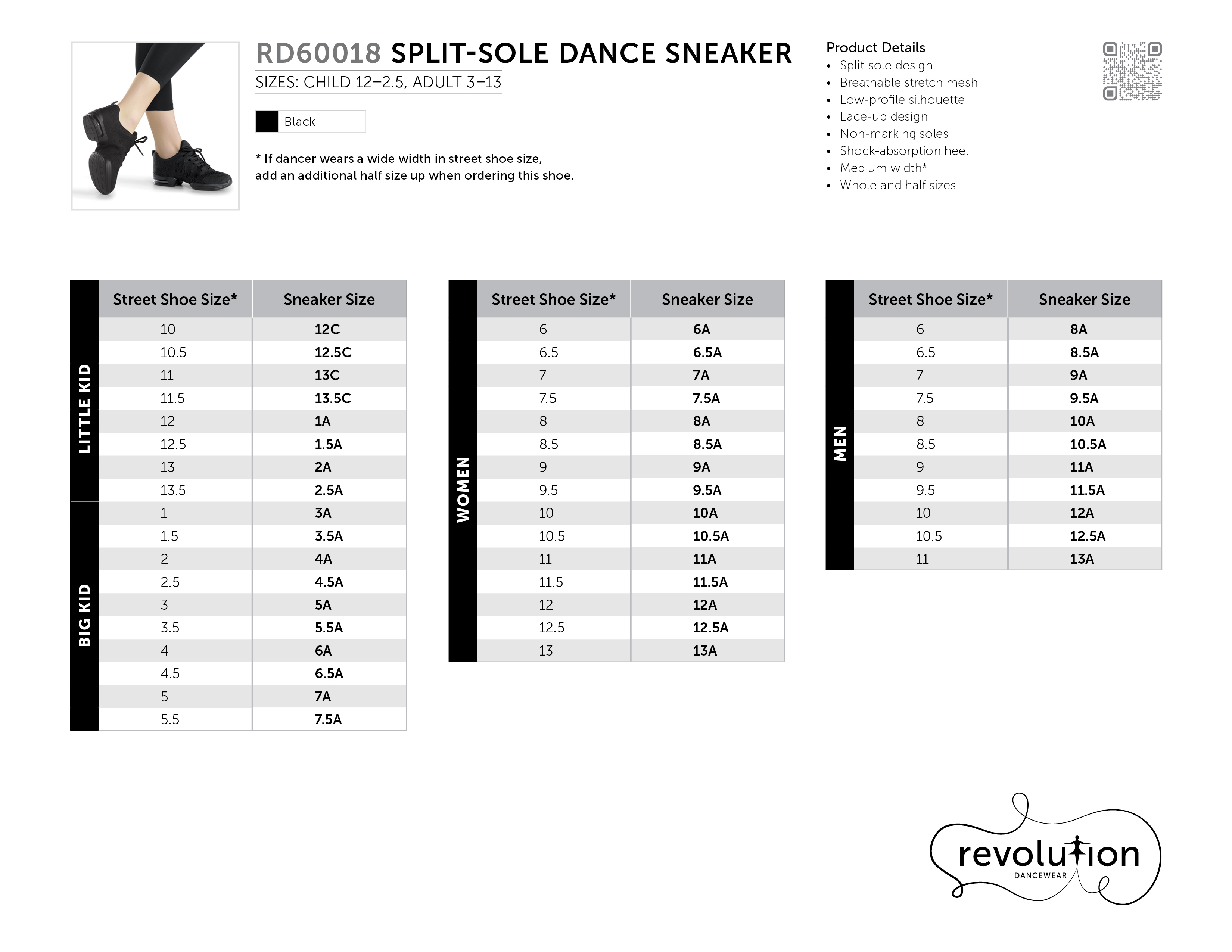 SPLIT-SOLE DANCE SNEAKER SIZING KIT size chart