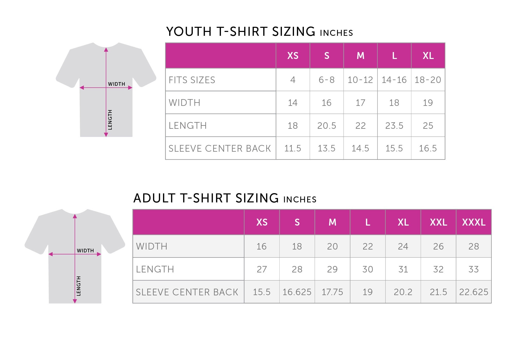 Standard T-Shirt size chart