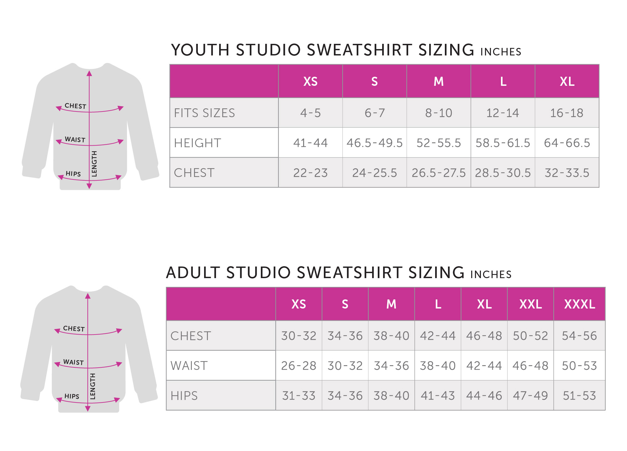 Studio Pullover Hoodie size chart