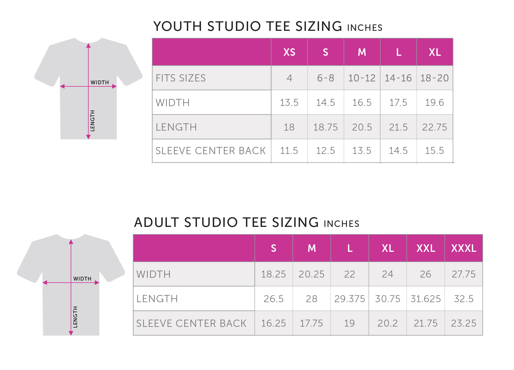 Studio Tee size chart