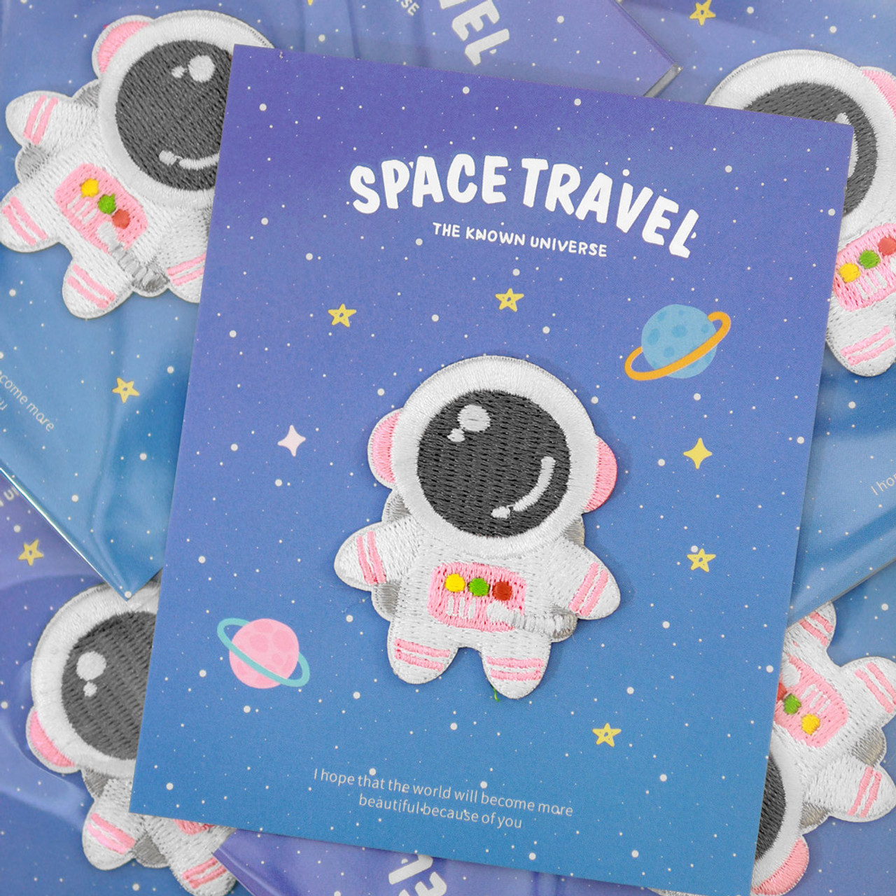 Kawaii Pink Color Astronaut In Space Iron On Patch ( Mood Shot )