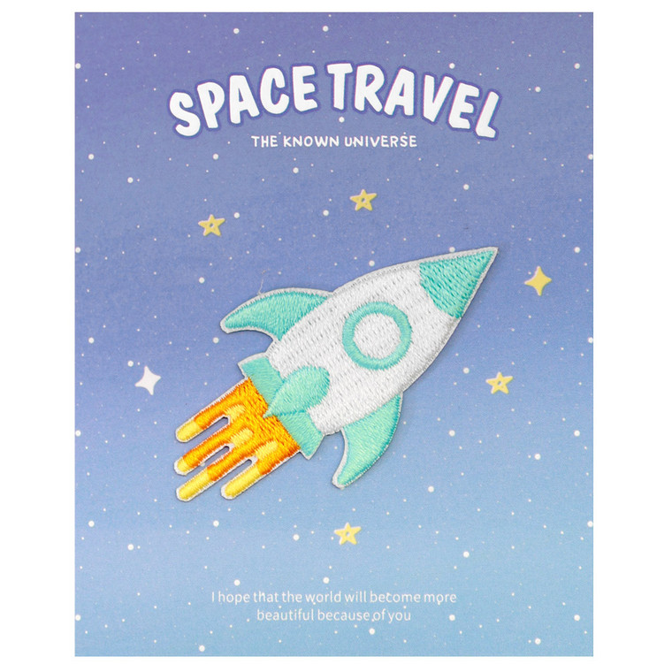 Kawaii Cyan Color Rocket Flying In Universe Iron On Patch ( Cover )