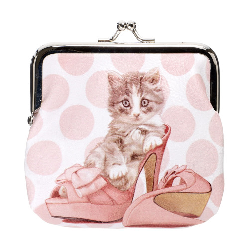 Japan Elegant Pink Dots with Kitten Pouch Ball Clasp Purse Coin Wallet