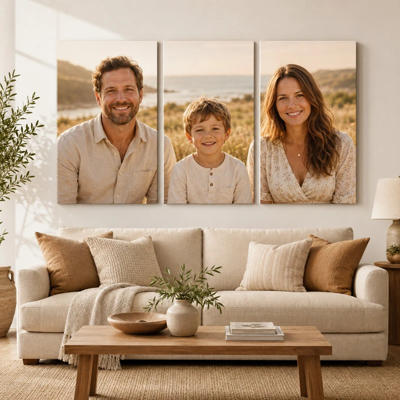 Custom split canvas prints displayed above a living room sofa