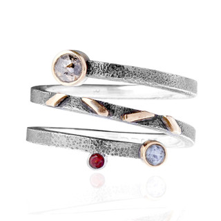Modern Art Jewelry from Morgan Amirani | Oxidized Argentium Silver with a Gray Spinel, Ruby and Diamond set in 18 Karat Gold bezels | Whirl of Beauty Ring