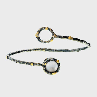 Circle and Pearl Crossover Bracelet from Brenda Smith | Oxidized Sterling Silver and 14 Karat Yellow Gold | Pearl and Diamonds