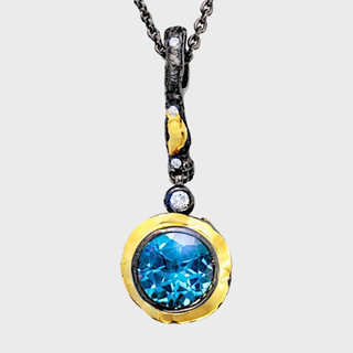 Blue Topaz and Diamond Drop Pendant from Brenda Smith | Oxidized Sterling Silver and 18 Karat Yellow Gold | Blue Topaz