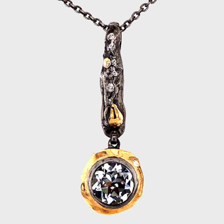 White Topaz and Diamond Drop Pendant | Oxidized Sterling Silver and 18 Karat Yellow Gold | White Topaz and Diamonds