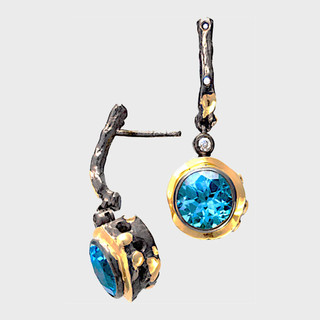 Blue Topaz and Diamond Drop Earrings from Brenda Smith | Oxidized Sterling Silver and 18 Karat Yellow Gold | Blue Topaz and Diamonds