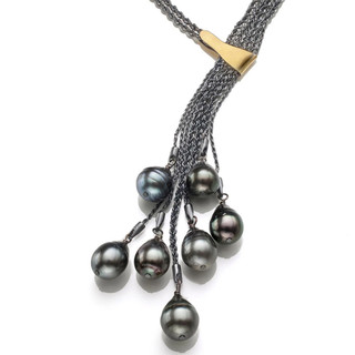 Tahitian Pearl River Necklace from Suzanne Schwartz | Oxidized Silver Rope Chains and 22 Karat Gold Cradle, Tahitian Pearls