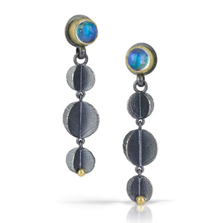 Fine Art Jewelry from Christine MacKellar | Oxidized Sterling Silver and 18 Karat Gold with Blue Moonstones | Moonstone Triple blossom Earrings