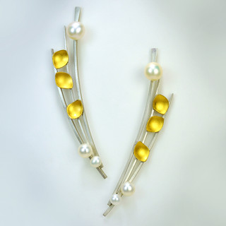 Contemporary Jewelry, Pearl Leaf Arc Earrings from Judith Neugebauer | Sterling Silver and 23 Karat Gold Leaf | Freshwater Pearls