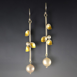 Contemporary Jewelry, Jasmine Pearl Earrings from Judith Neugebauer | Sterling Silver and 23 Karat Gold Leaf | Freshwater Pearls