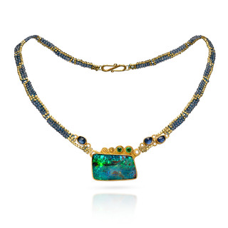 Brilliant Boulder Opal Necklace | Boulder Opal, Tsavorite, Tanzanite, 22 Karat Gold | Handmade Art Jewelry by Beth Farber