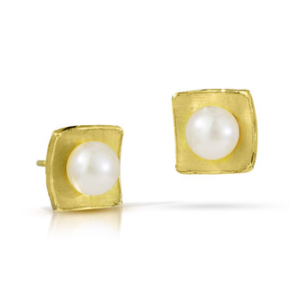 Concave Square Pearl Post Earrings | 18 Karat Yellow Gold and Pearl | Handmade Contemporary Jewelry by Jacob Keleher