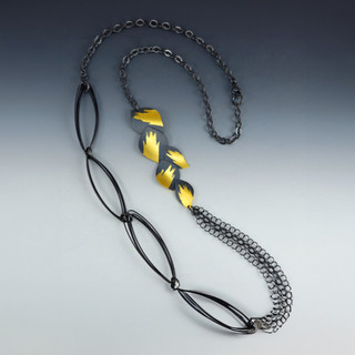Leaf Section Necklace | 23 Karat Gold Leaf and Oxidized Sterling Silver | Handmade Art Jewelry by Judith Neugebauer