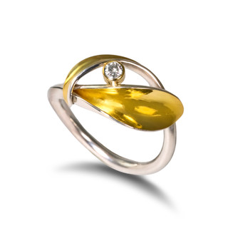 Contemporary Nancy Linkin Ring | Sterling Silver and 18 Karat Gold Bi-metal | Diamond bezel set in 18 Karat Gold
