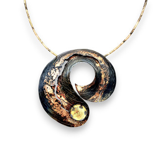 Kiretsu Pendant | Steel, Gold, Bronze, Glass Lens | Handmade Art Jewelry by Bette Barnett
