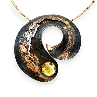 Kiretsu Pendant | Steel, Gold, Bronze, Glass Lens | Handmade Art Jewelry by Bette Barnett
