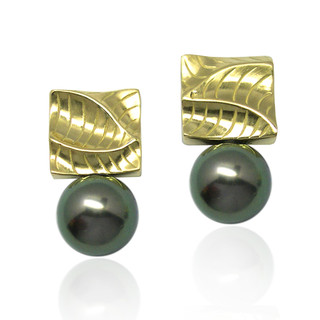 Sand Dune Small Square Pearl Earrings, Yellow Gold and Tahitian Pearls, Fine Art Jewelry by Keiko Mita