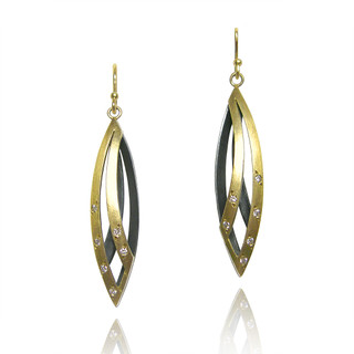 Moire Willow Leaf Earrings, Modern Jewelry by Keiko Mita | 14 Karat Yellow Gold and Oxidized Sterling Silver | Diamonds 