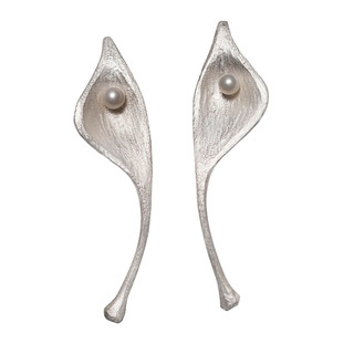 Sterling Silver Pearl Pod Jacket Earrings with White Freshwater Pearls by Aleksandra Vali, Art Jewelry