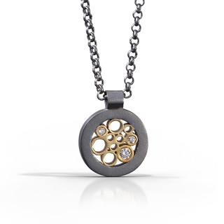 Cielo Petite Circle Pendant handmade by contemporary jewelry artist Belle Brooke Barer | Sterling silver and gold | Diamonds