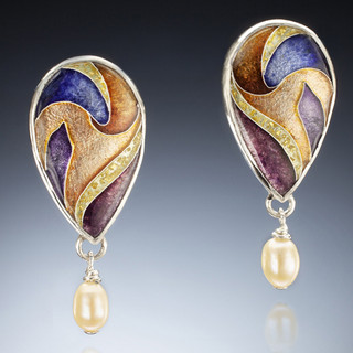 Princess Earrings by Sheila Beatty | Fine Silver Cloisonne Enamel | Sterling Silver and 14 Karat Yellow Gold | Fresh Water Pearls
