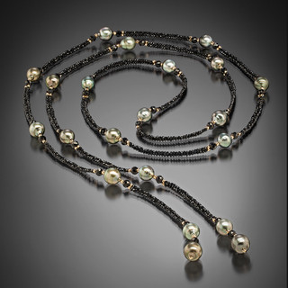 Tahitian Pearl Lariat - 14K Yellow Gold, Hand-Woven Black Spinel and Tahitian Pearls by Beth Faber