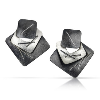 Black Layered Three Square Earrings, Argentium Silver, Art Jewelry by Suzanne Schwartz