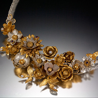 Flower Basket Necklace from Carol Salisbuiry | Argentium Silver and 14 Karat Gold Vermeil with 2 mm Rhodolite Garnets | 2 mm White Akoya Cultered Pearls and 3 mm White Freshwater Pearls