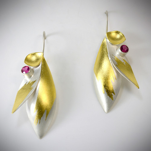 Contemporary Jewelry, Edo Earrings from Judith Negeubauer | Sterling Silver and 23 Karat Gold Leaf | faceted pink tourmaline
