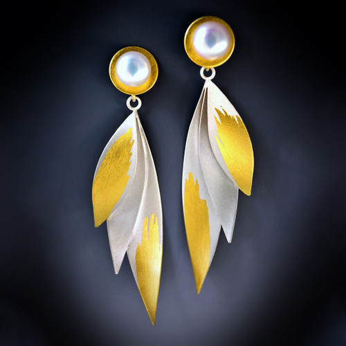Contemporary Jewelry, Golden Wings Earrings from Judith Neugebauer | Sterling Silver and 23 Karat Gold Leaf | Freshwater Pearls