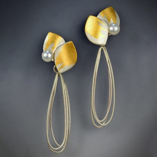 Contemporary Jewelry, Vera Earrings from Judith Neugebauer | Sterling Silver and 23 Karat Gold Leaf | Freshwater Pearls