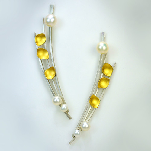 Contemporary Jewelry, Pearl Leaf Arc Earrings from Judith Neugebauer | Sterling Silver and 23 Karat Gold Leaf | Freshwater Pearls