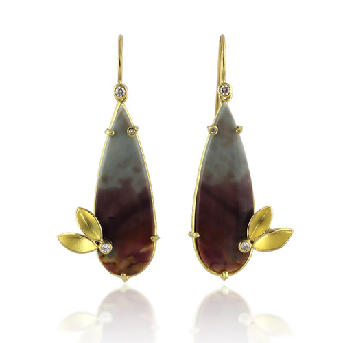 Gold Leaves Jasper Earrings | Jasper, 18 Karat Gold, Diamonds | Handmade Fine Art Jewelry by Liaung-Chung Yen