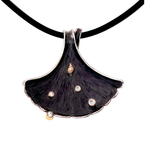 Gingko Pendant with Diamonds from Nancy Linkin's studioo | Oxidized Sterling Silver and Diamonds | 18 Karat Gold