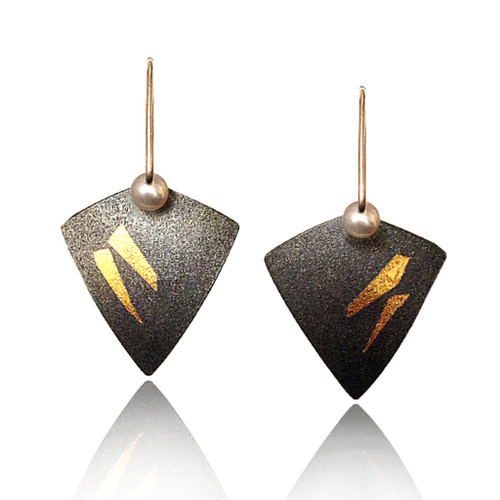 Oxidized Sterling Silver Kite Earrings with Keum Boo | Oxidized Silver, Gold Leaf, Pearl | Handmade Art Jewelry by Estelle Vernon