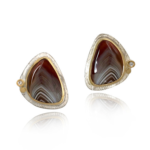 Brown Pebble Stone Earrings | Agate, Gold and Silver | Handmade Fine Jewelry by Keiko Mita