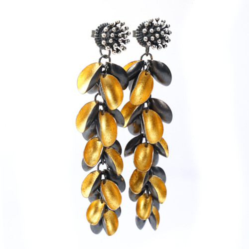 Long Cascade Earrings EO192 | Gold and Oxidized Silver | Handmade Art Jewelry by So Young Park