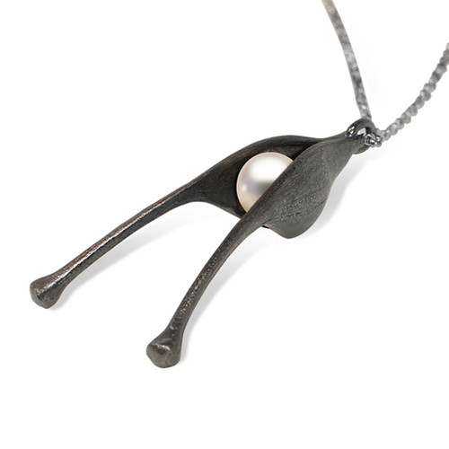 Pearl Pod Pendant by Aleksandra Vali, Modern Art Jewelry | Oxidized Sterling Silver and Fresh Water Pendant