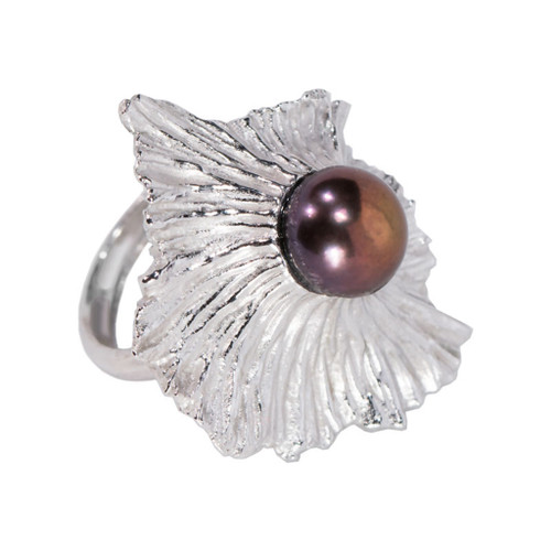 De'Solanum Ring, Modern Art Jewelry by Aleksandra Vali | Oxidized or Sandblasted Sterling Silver with a Black or White Freshwater Pearl